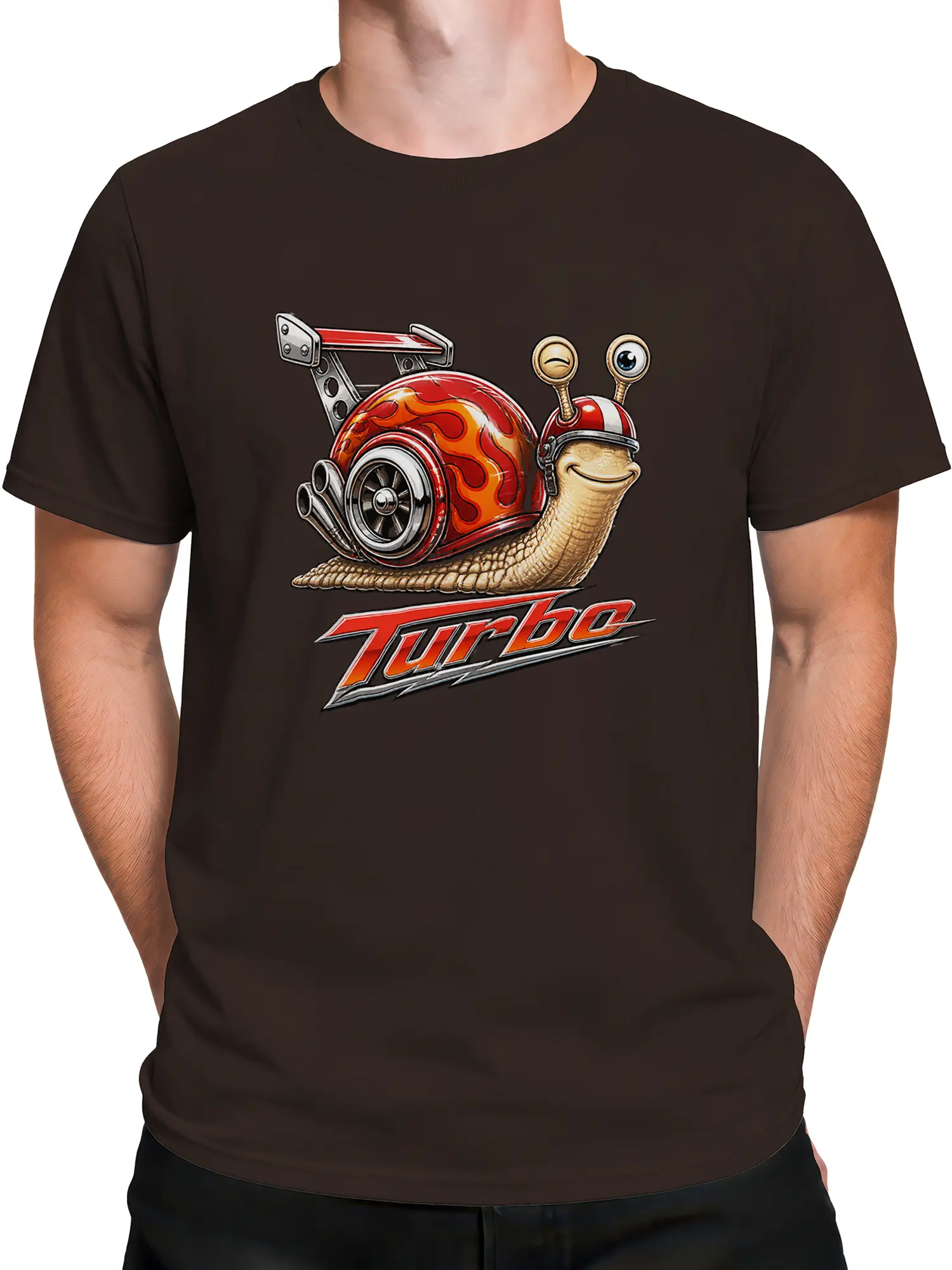 Male torso wearing a brown T-shirt with a smiling turbo snail graphic and bold Turbo lettering