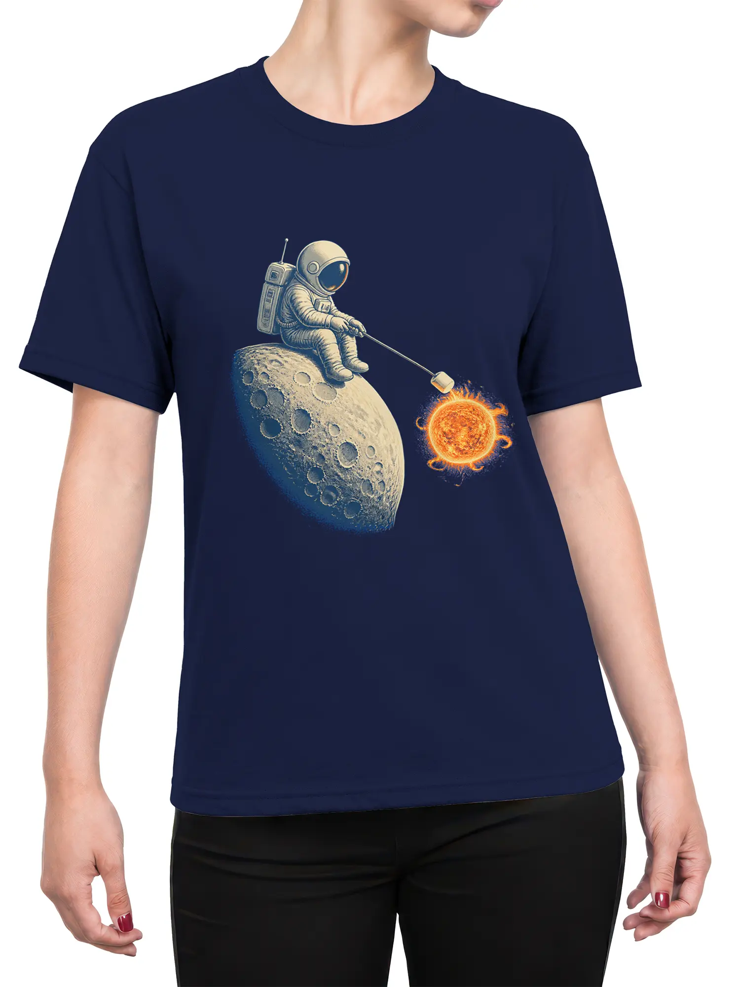 Female torso wearing a blue astronaut space T-shirt with a moon and glowing sun graphic