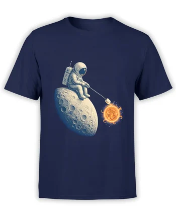 Blue T-shirt with an astronaut sitting on the moon and roasting a snack toward a glowing sun