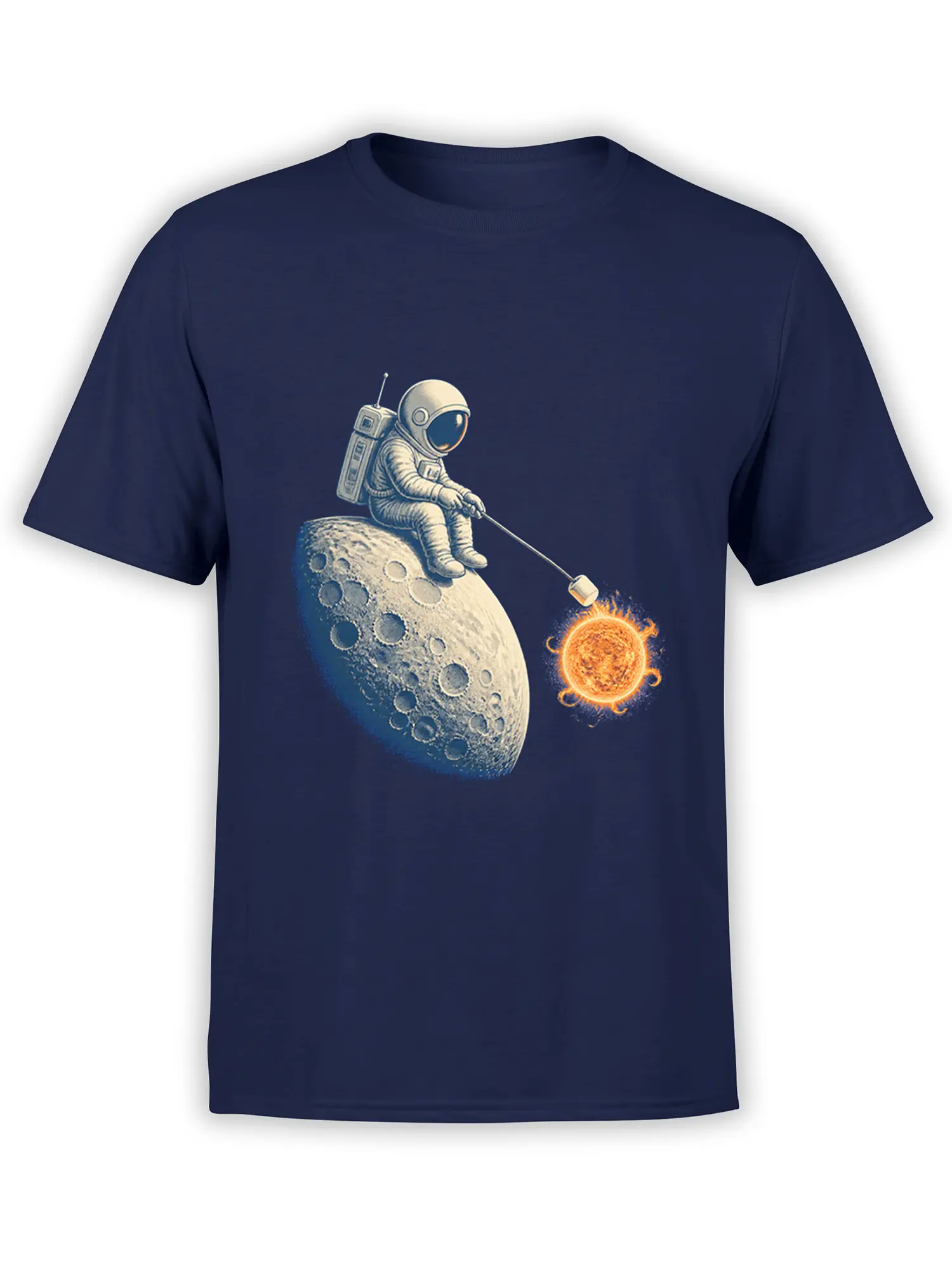 Blue T-shirt with an astronaut sitting on the moon and roasting a snack toward a glowing sun
