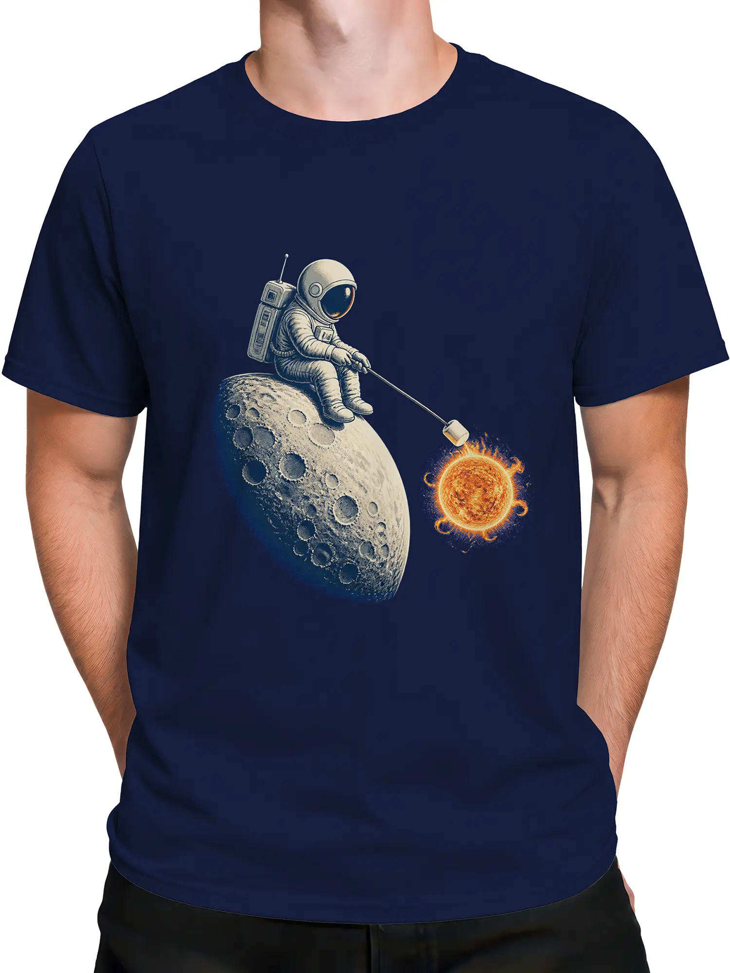 Male torso wearing a blue space T-shirt with an astronaut, moon, and glowing sun design
