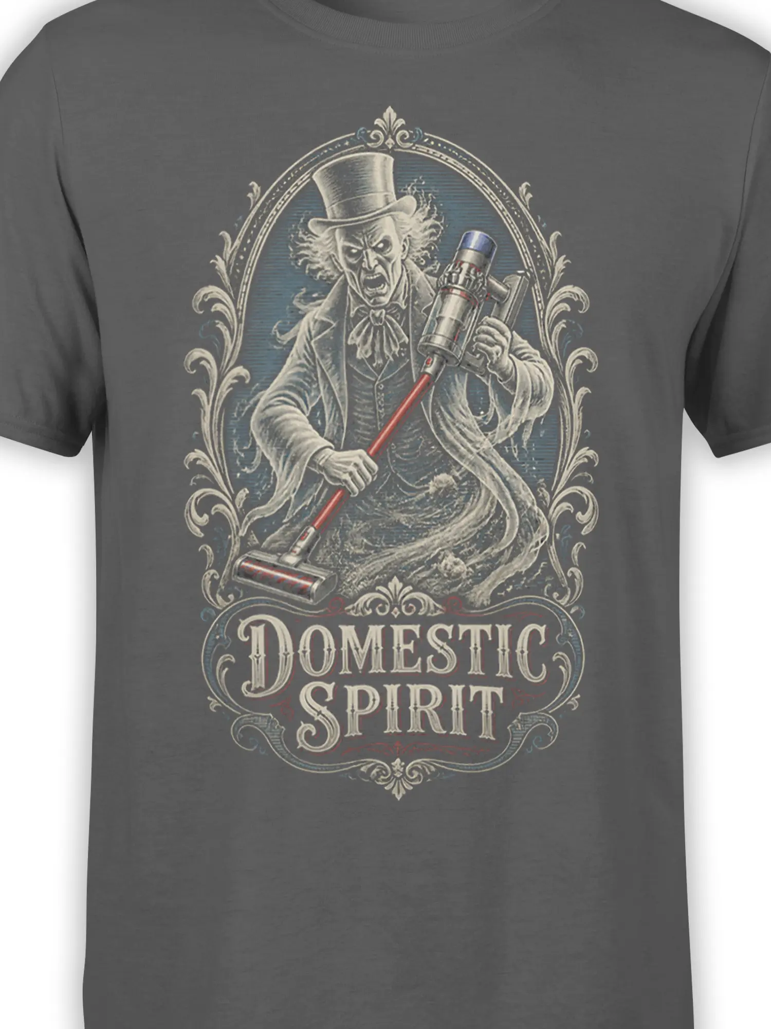 Close-up of the gray ghost graphic tee showing the top-hatted spirit, ornate details, and Domestic Spirit lettering