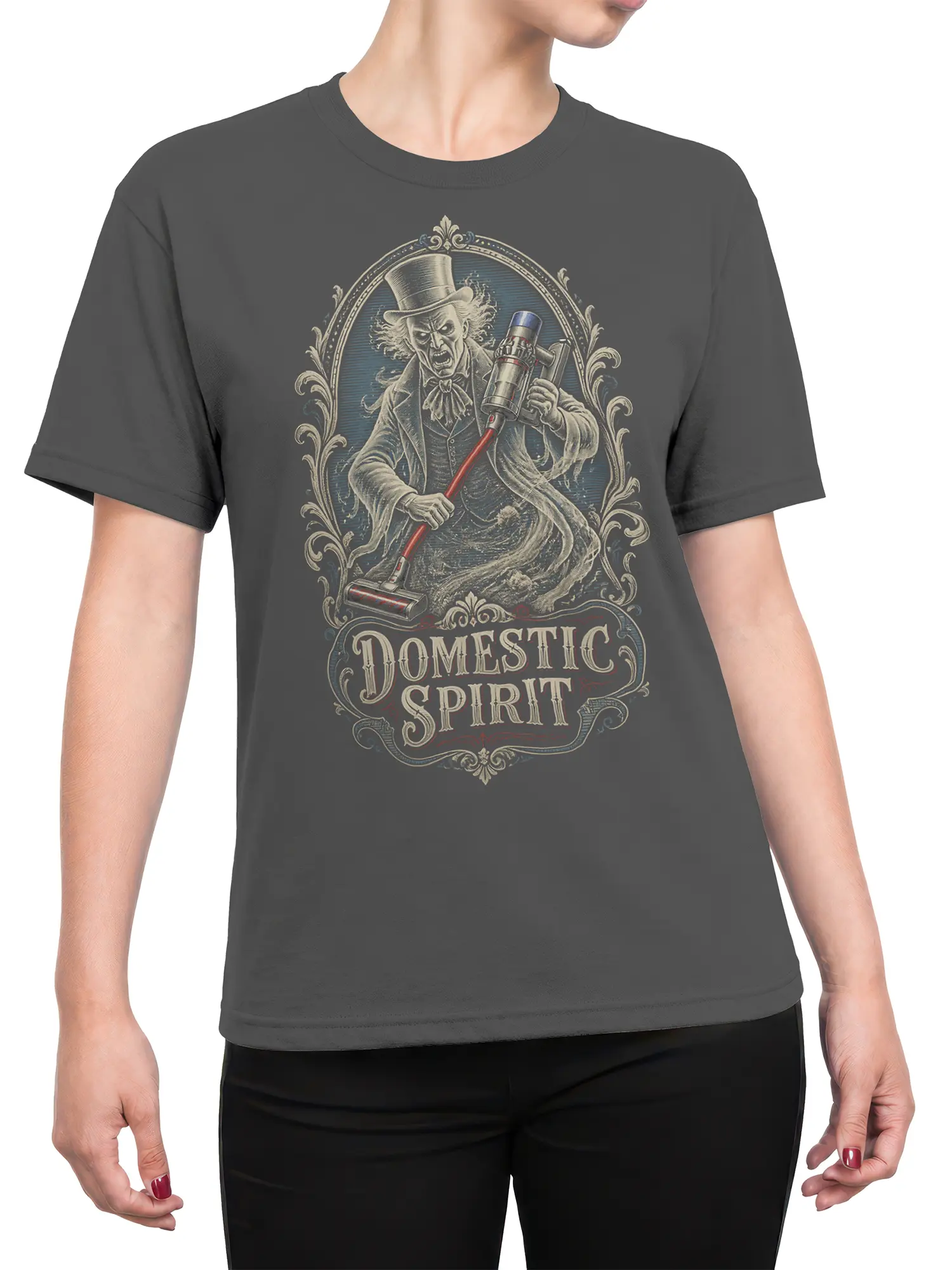 Female torso wearing a gray ghost T-shirt with a top-hatted spirit and Domestic Spirit vintage graphic
