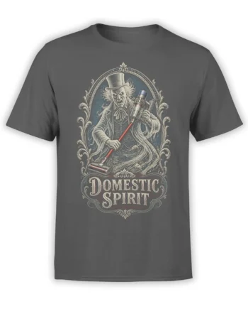 Gray ghost T-shirt with a top-hatted spirit, cleaning appliance, ornate frame, and “Domestic Spirit” lettering