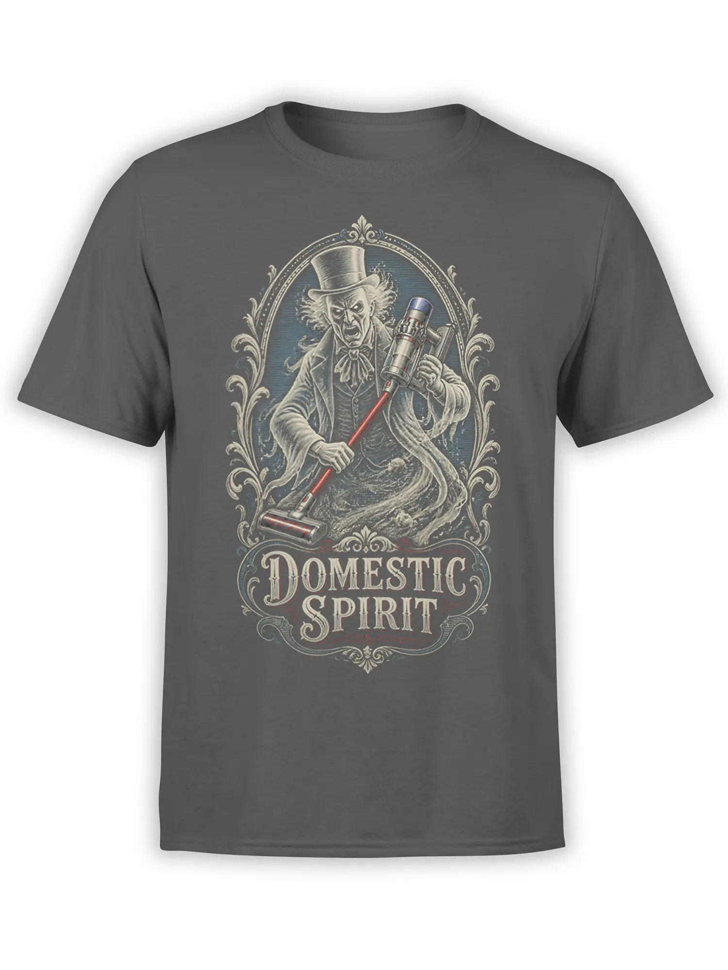 Gray ghost T-shirt with a top-hatted spirit, cleaning appliance, ornate frame, and “Domestic Spirit” lettering