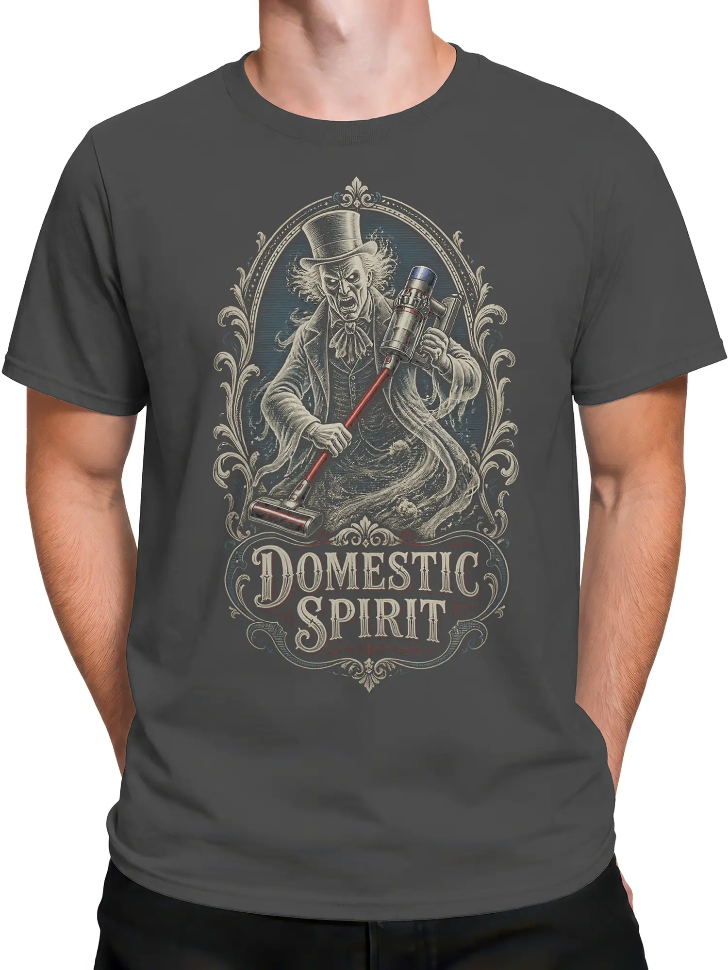 Male torso wearing a gray ghost T-shirt with an ornate Domestic Spirit graphic and cleaning appliance