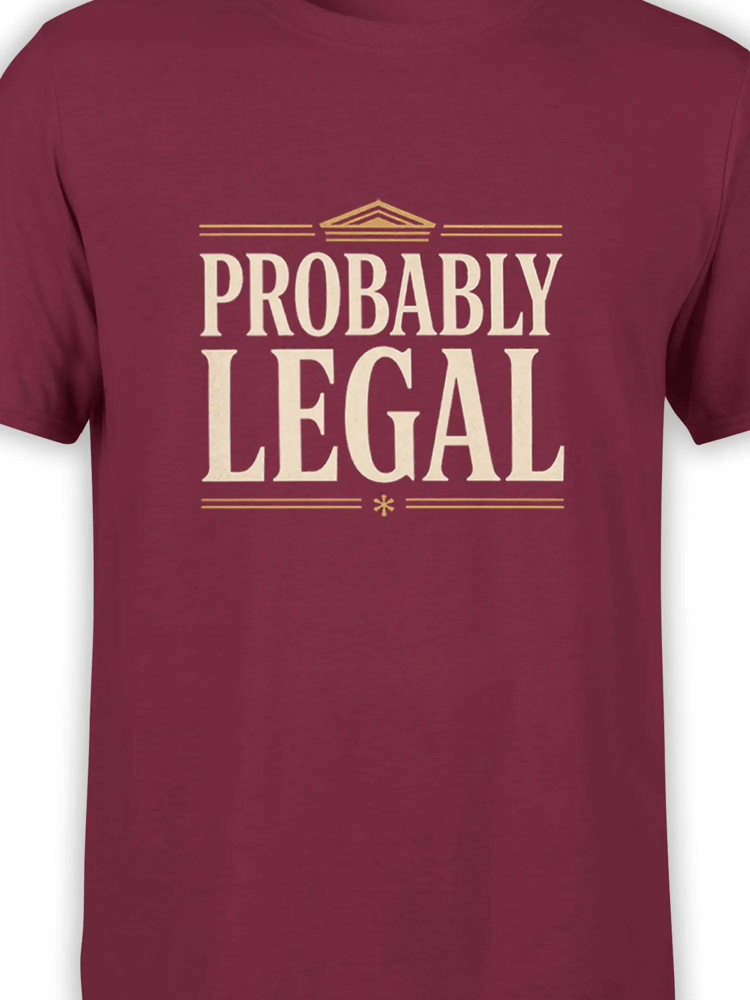 Close-up of “Probably Legal” vintage legal typography in cream and gold on burgundy fabric