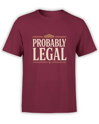 Burgundy T-shirt with vintage cream and gold “Probably Legal” legal humor lettering