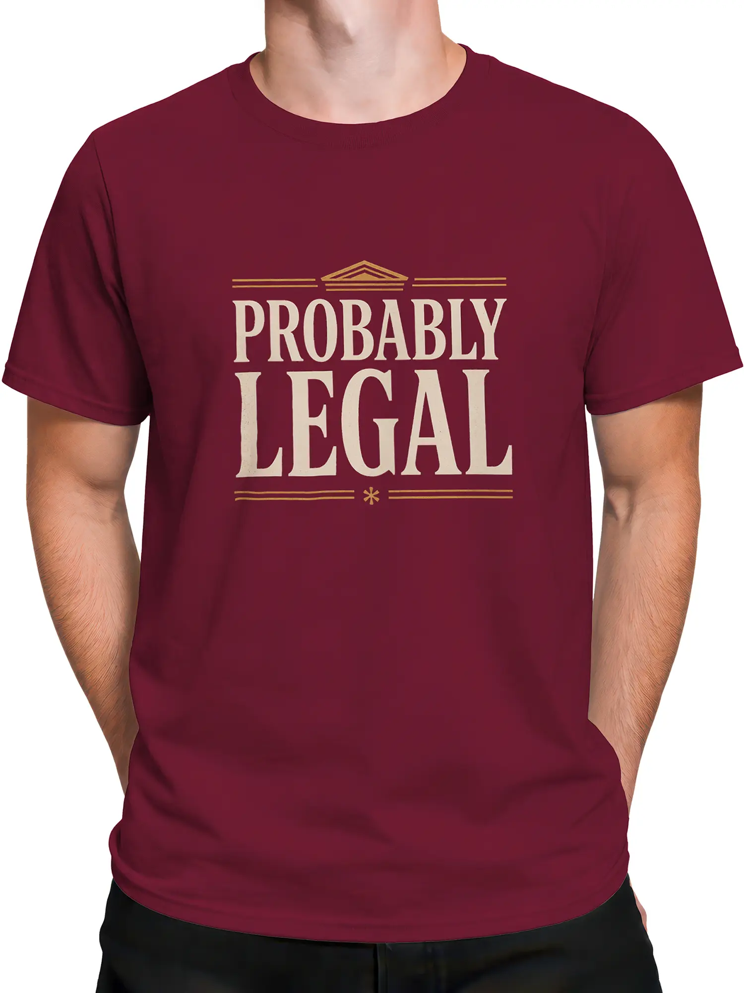 Male torso wearing a burgundy Probably Legal T-shirt with bold vintage lettering