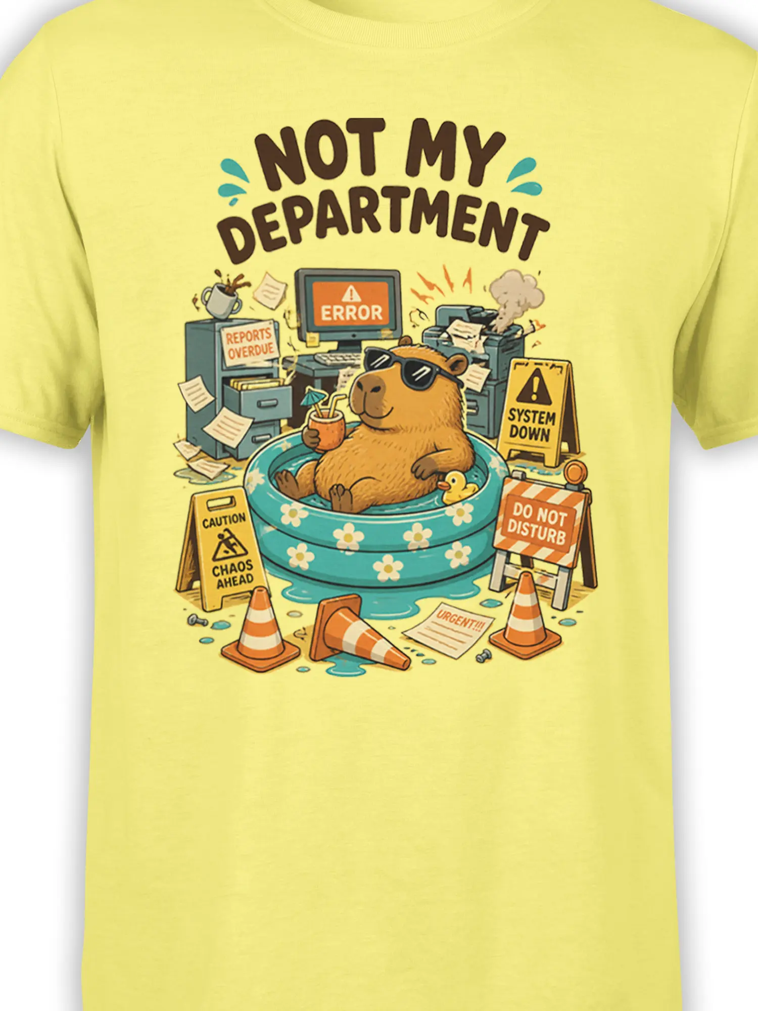 Close-up of capybara in sunglasses and pool scene on a yellow office humor T-shirt