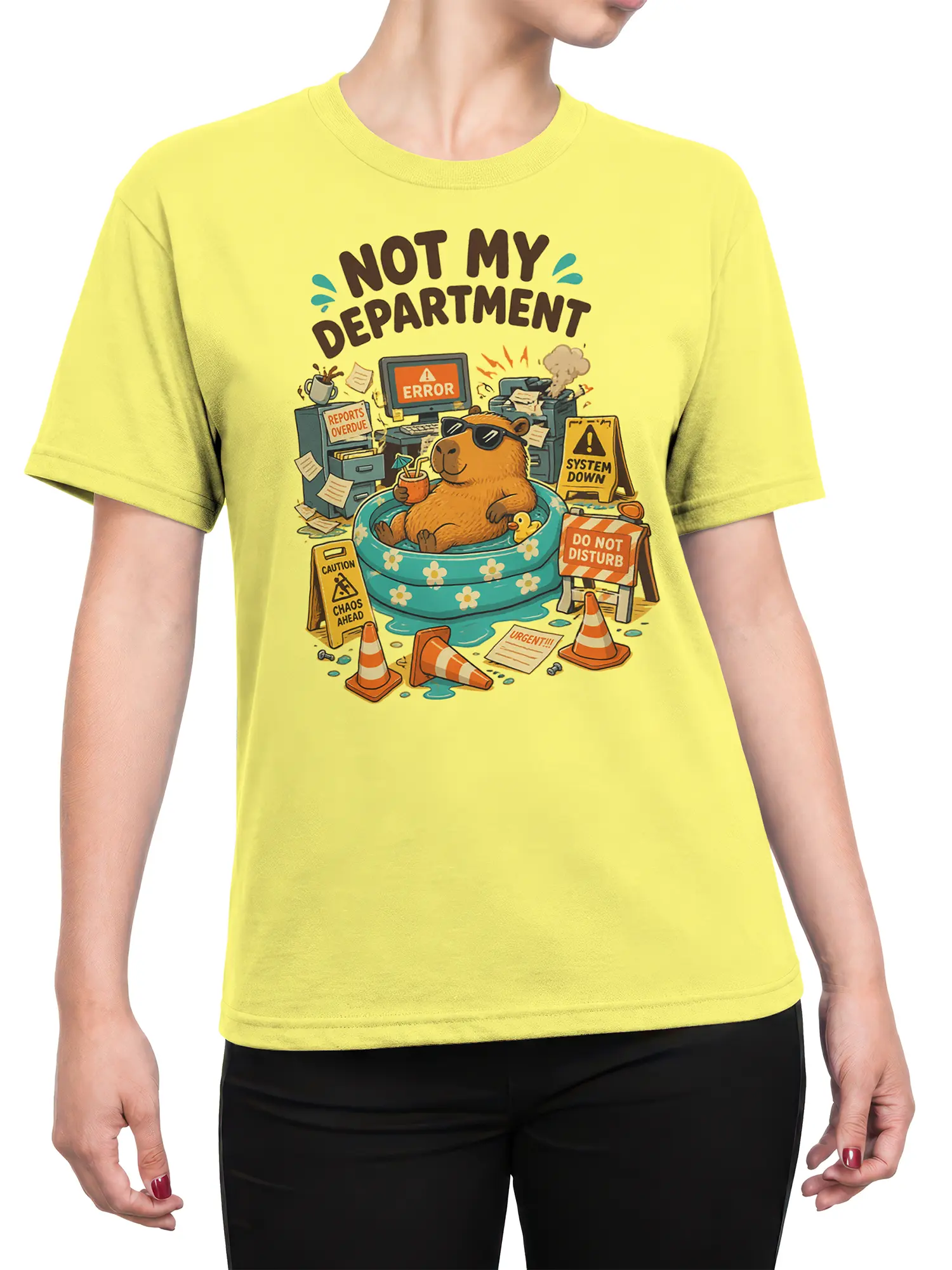 Female torso wearing a yellow capybara graphic tee with a playful office chaos design