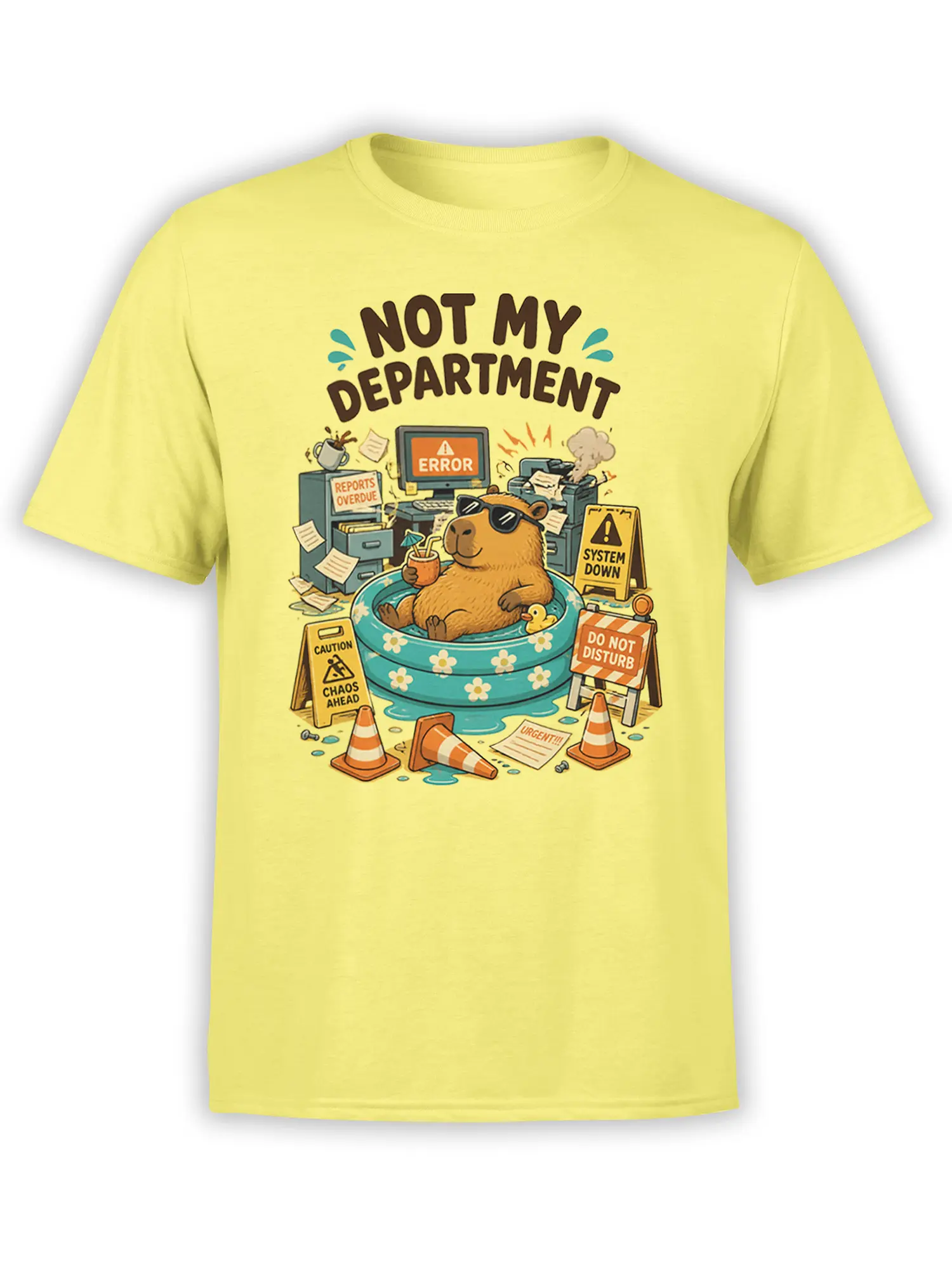 Yellow capybara T-shirt with sunglasses, pool, office chaos, and “Not My Department” text