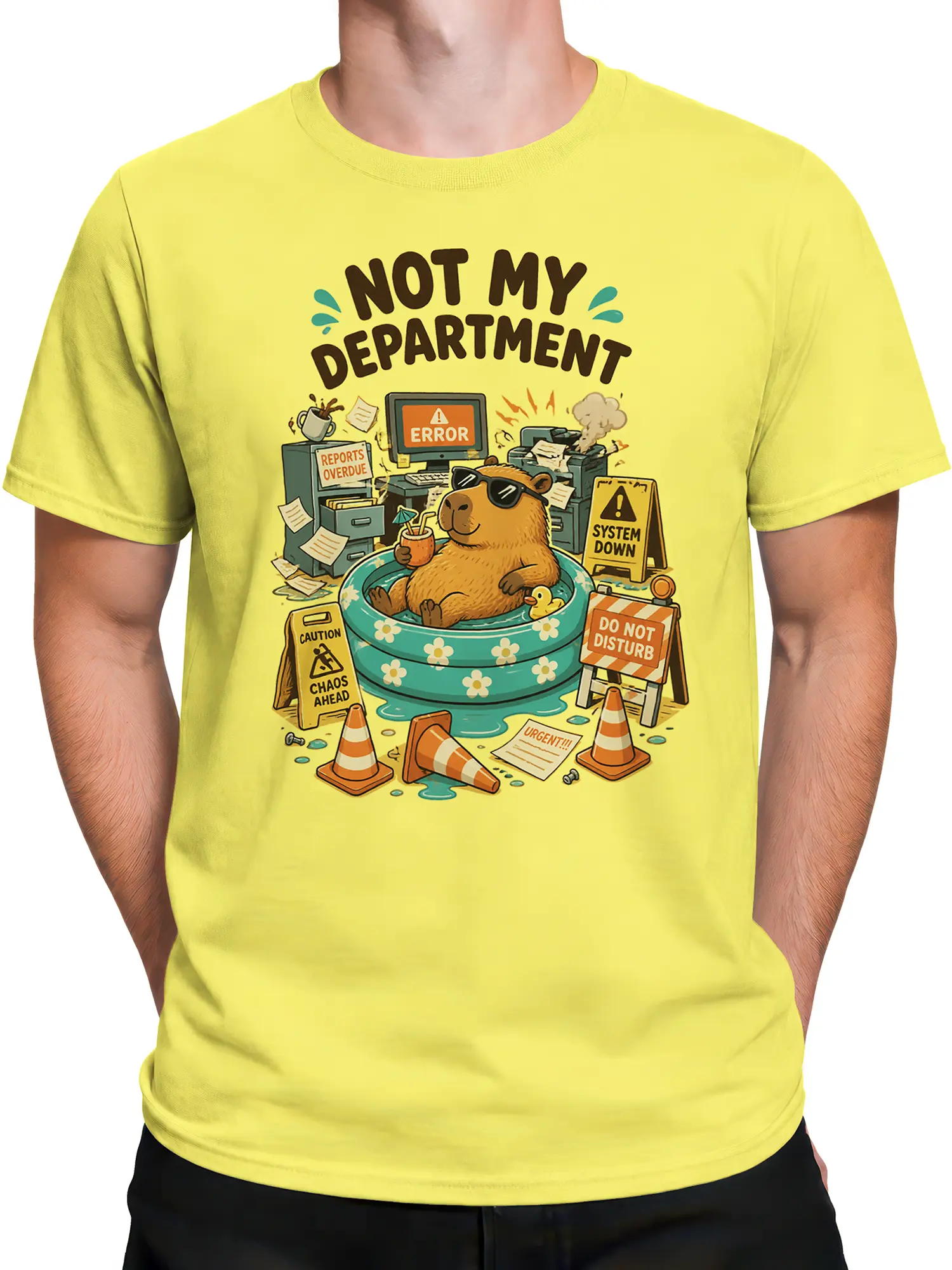 Male torso wearing a yellow capybara T-shirt with sunglasses, pool, and office humor artwork