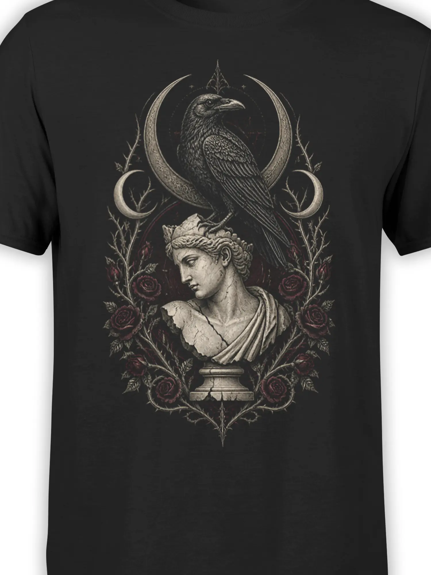 Close-up of raven and classical bust artwork with red roses and thorn branches on a black T-shirt