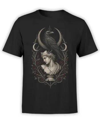 Black T-shirt with a raven above a classical bust, red roses, thorn branches, and crescent details