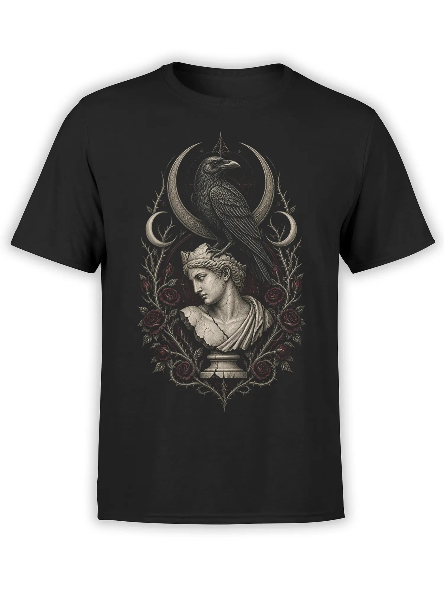 Black T-shirt with a raven above a classical bust, red roses, thorn branches, and crescent details