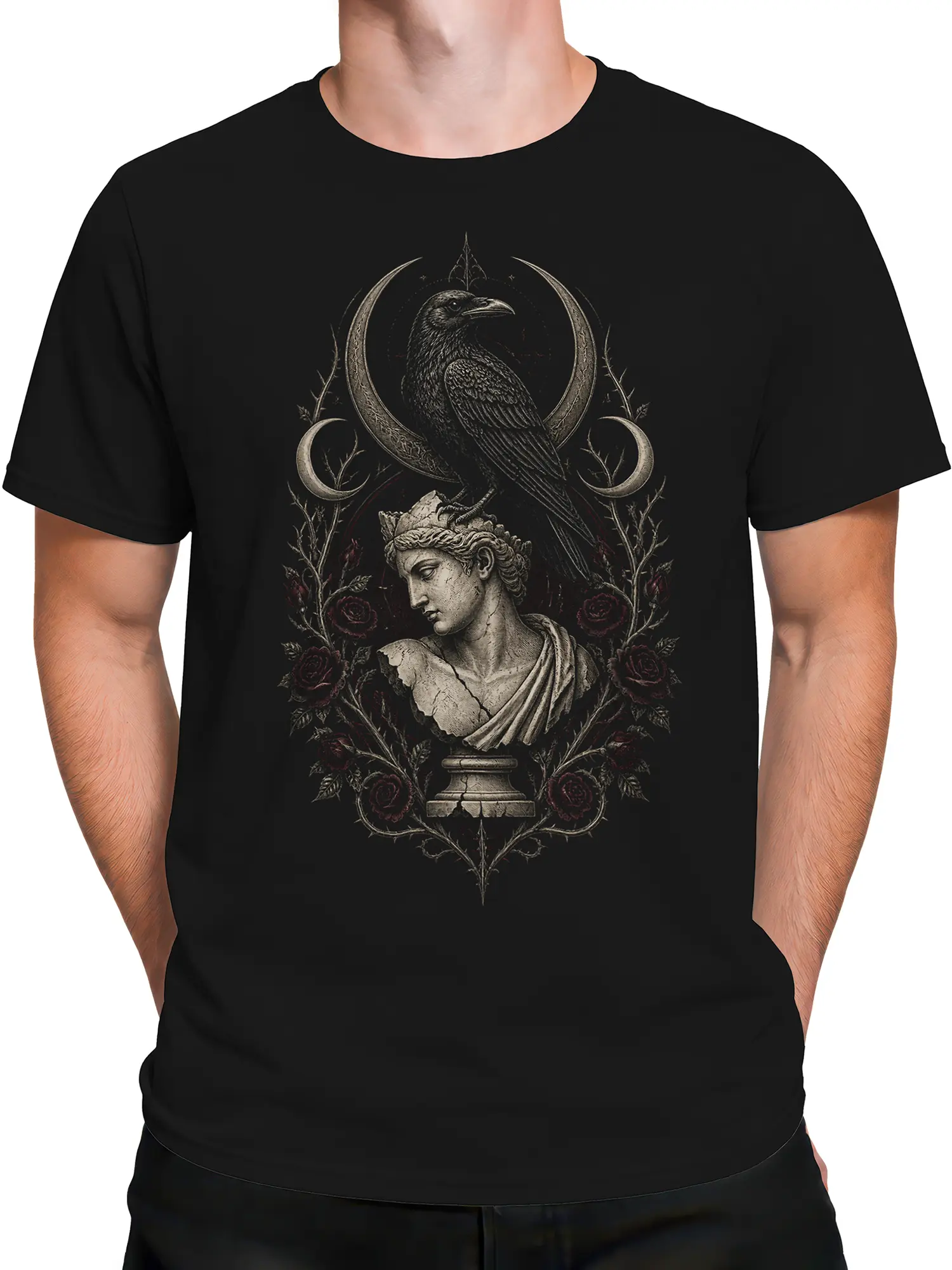 Male torso wearing a black T-shirt with a raven, classical bust, roses, and gothic thorn artwork