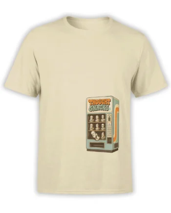 Beige Thought Snacks T-shirt with a retro vending machine, classical busts, and vintage graphic lettering