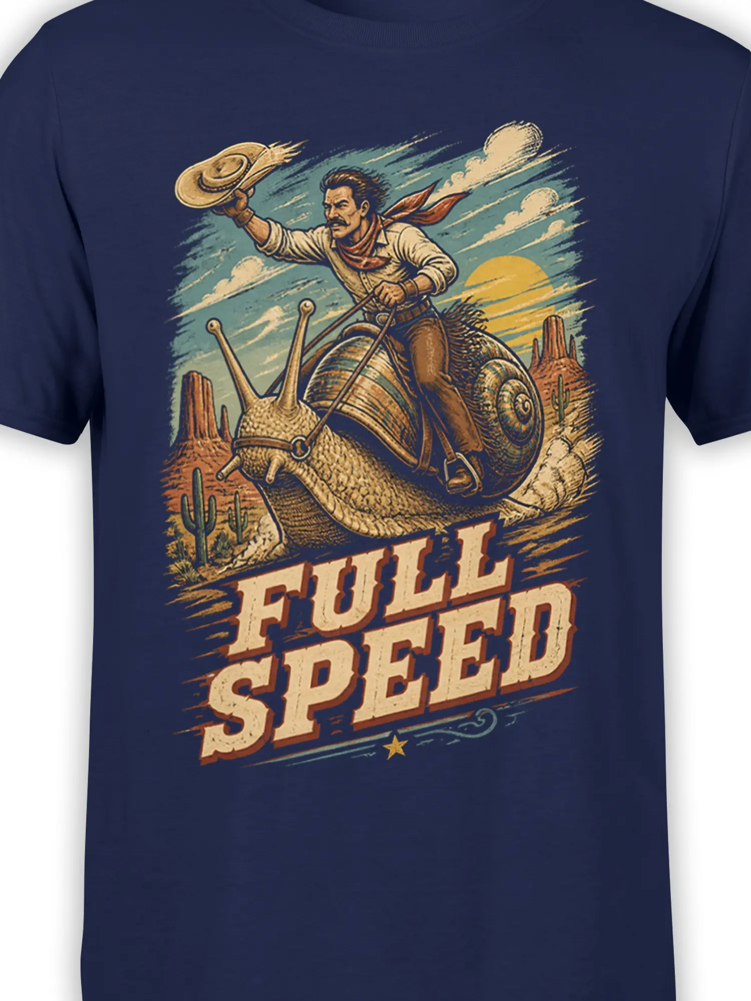 Close-up of cowboy snail artwork with desert scenery and “FULL SPEED” text on navy fabric