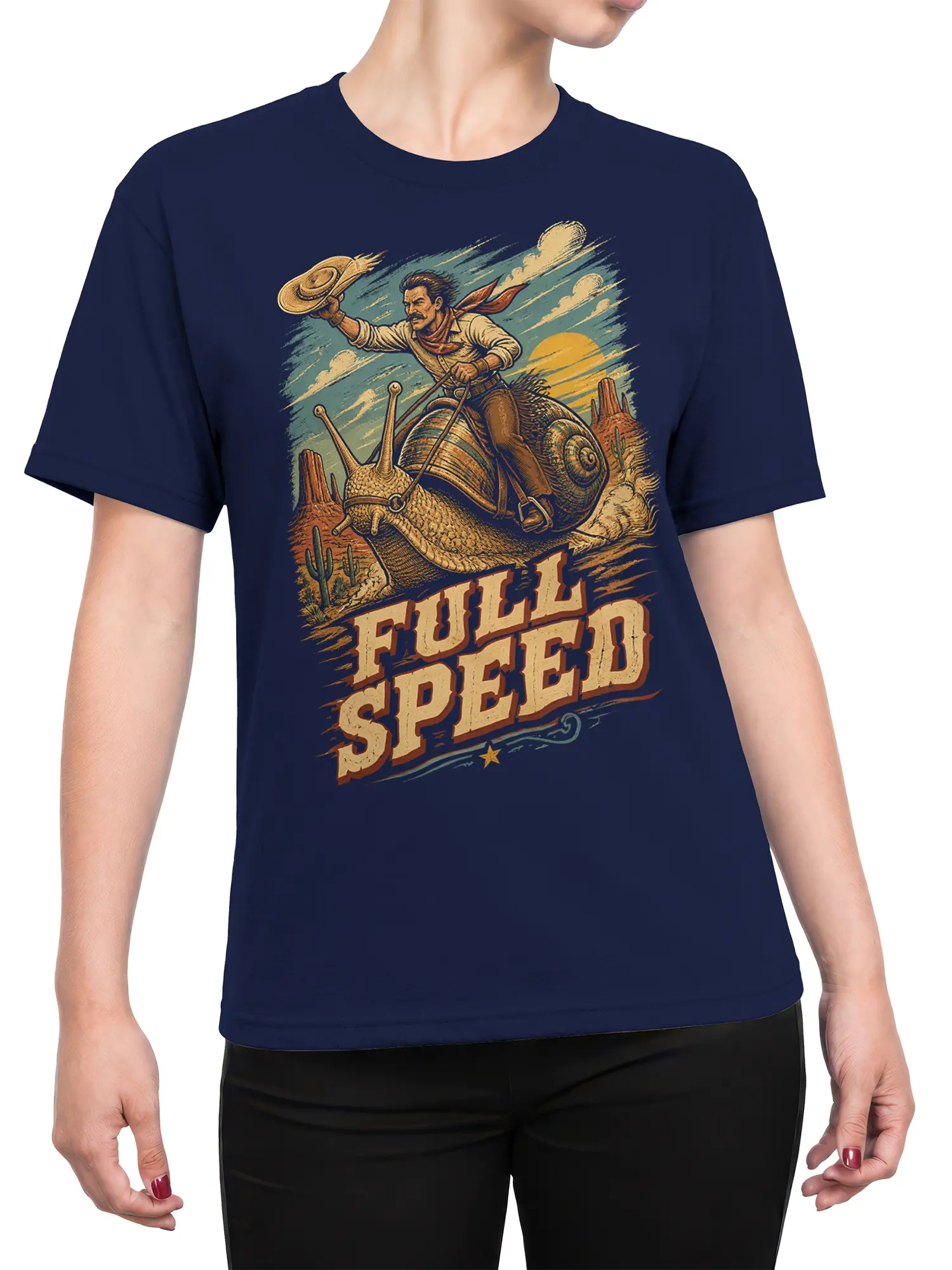 Female torso wearing a navy cowboy snail graphic tee with vintage desert artwork and “FULL SPEED” lettering