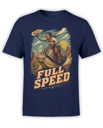 Vintage cowboy riding a giant snail across a desert on a navy graphic T-shirt