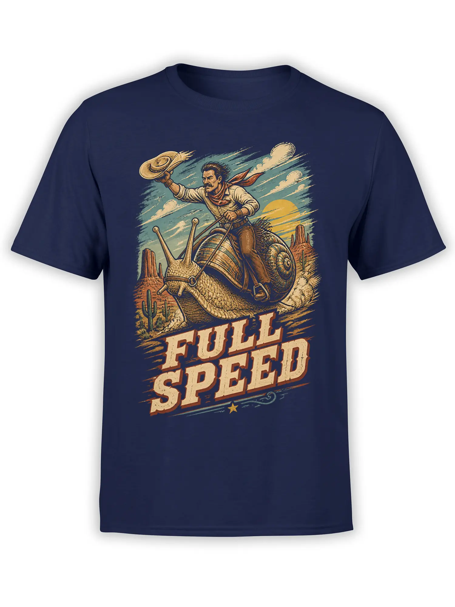 Vintage cowboy riding a giant snail across a desert on a navy graphic T-shirt