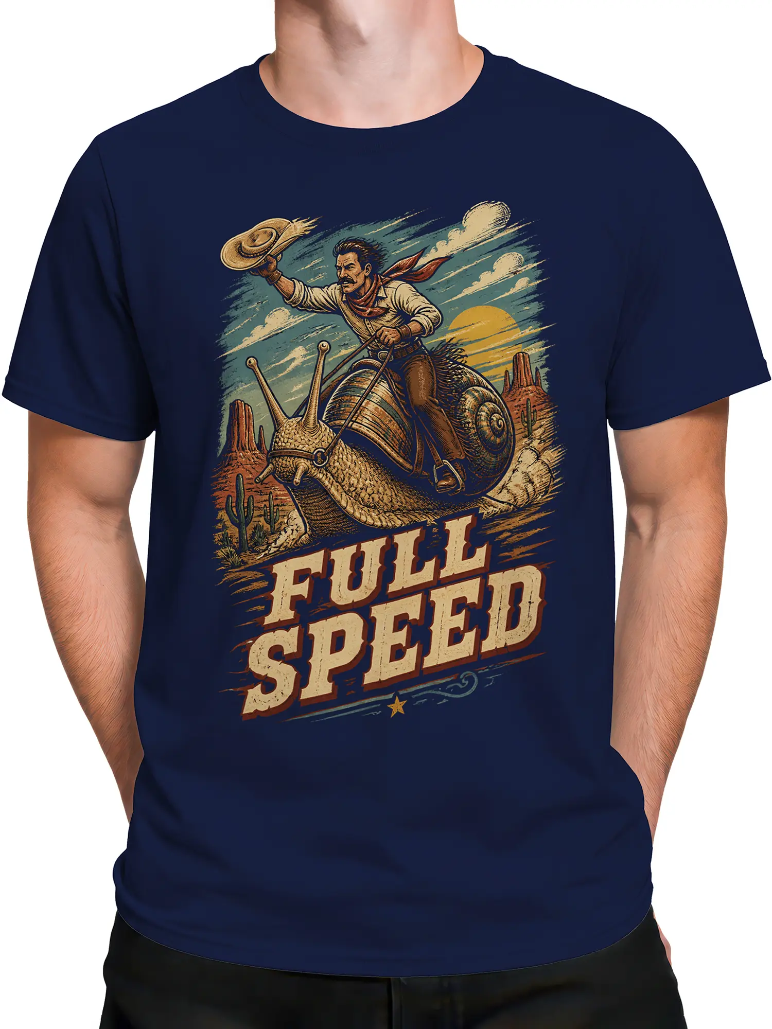 Male torso wearing a navy vintage Western T-shirt with cowboy snail desert artwork