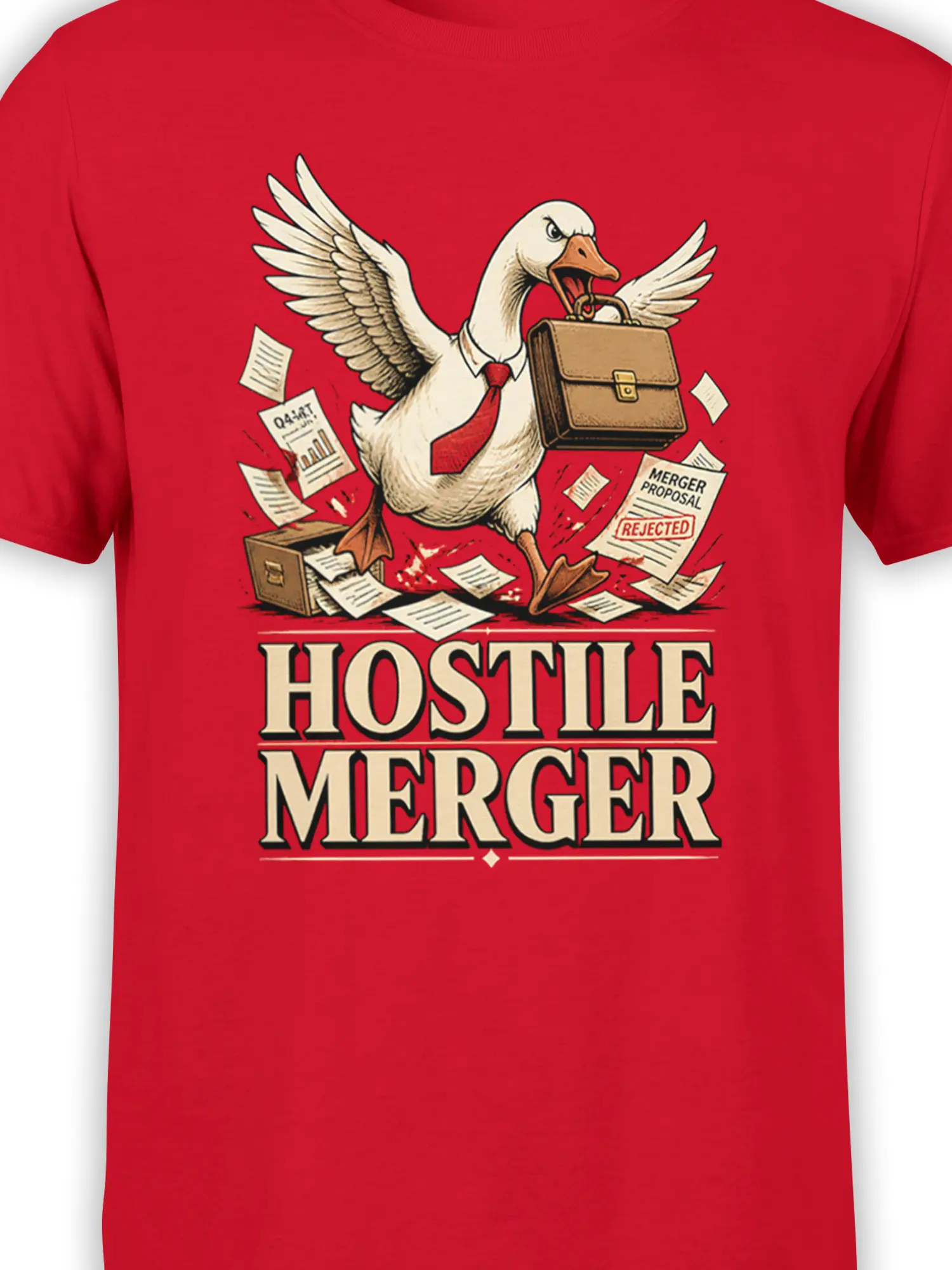 Close-up of the white business goose, briefcase, rejected merger proposal, and vintage lettering on a red T-shirt