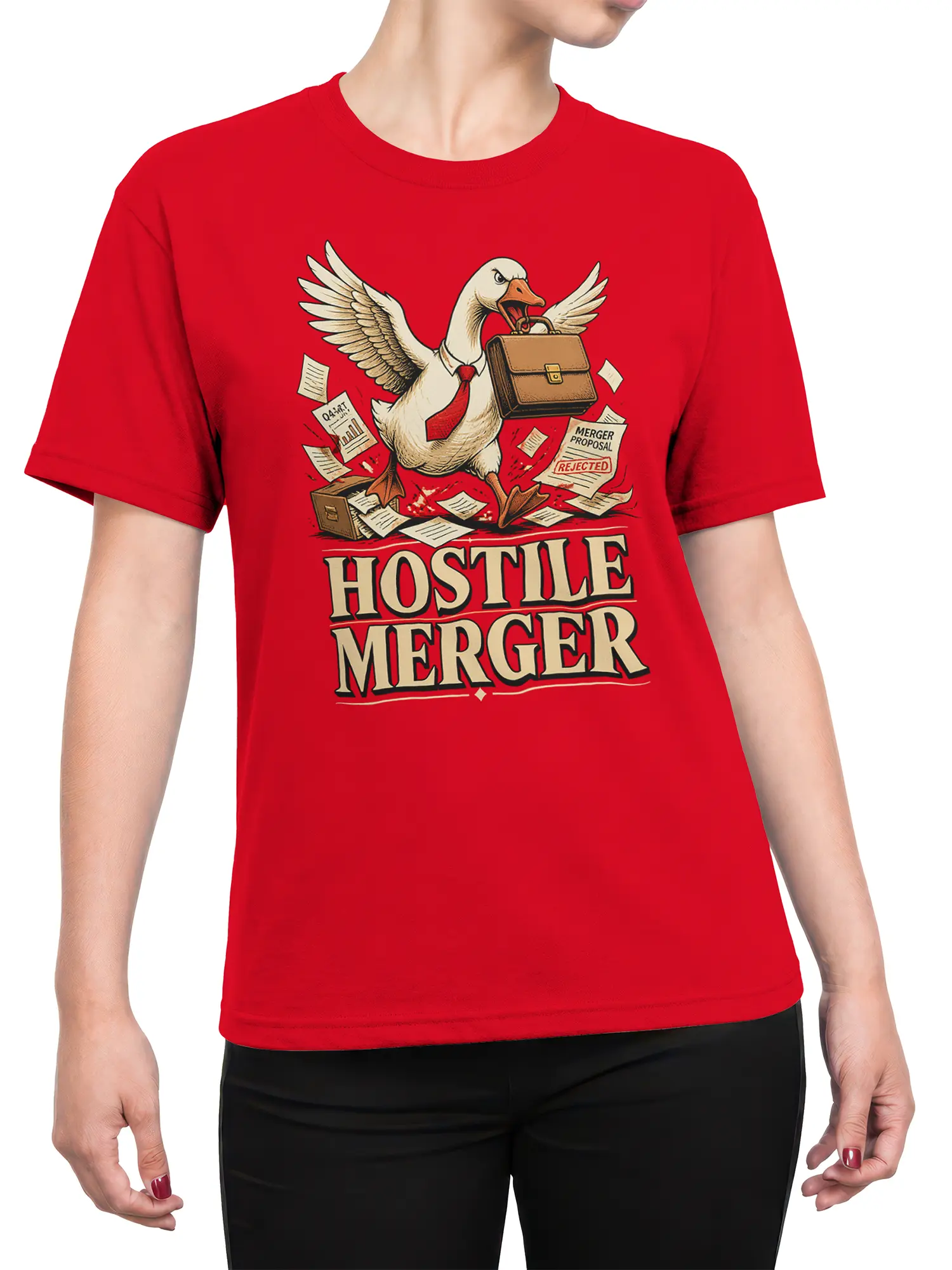 Female torso wearing a red T-shirt with a hostile merger goose, briefcase, paperwork, and bold vintage business artwork