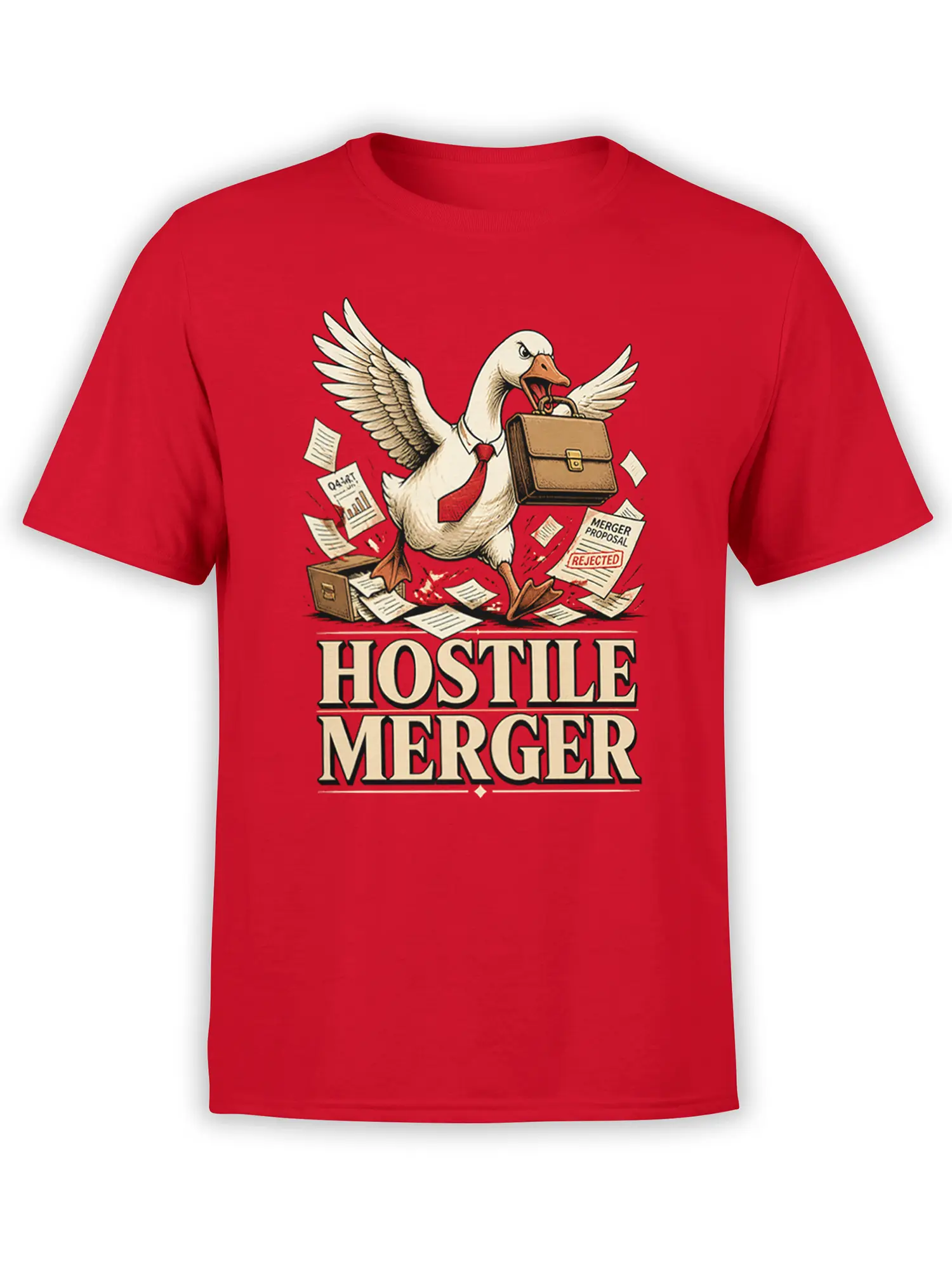 Red T-shirt with a white goose in a tie, briefcase, scattered paperwork, and bold Hostile Merger lettering