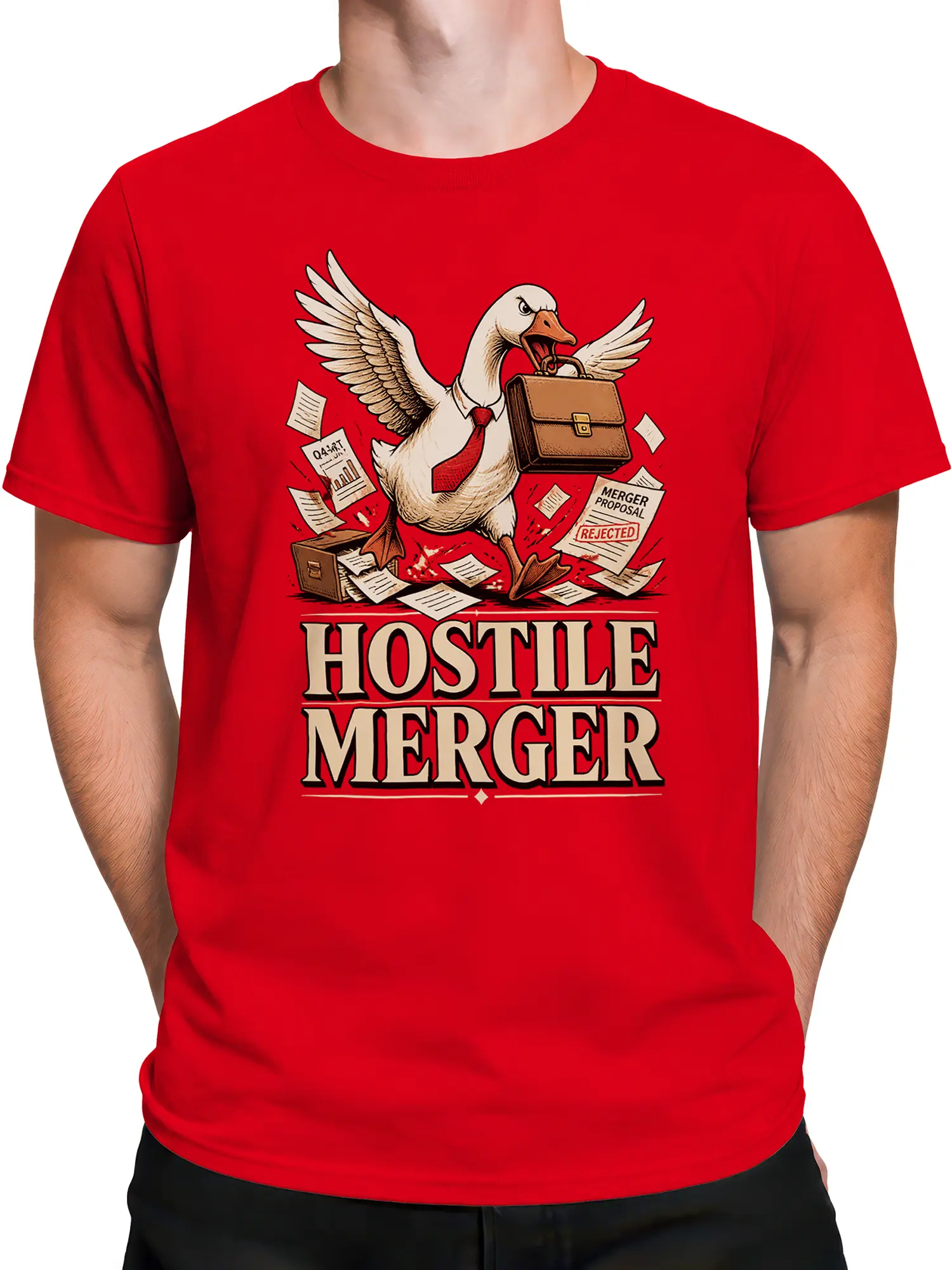 Male torso wearing a red T-shirt with a business goose, briefcase, scattered documents, and Hostile Merger lettering