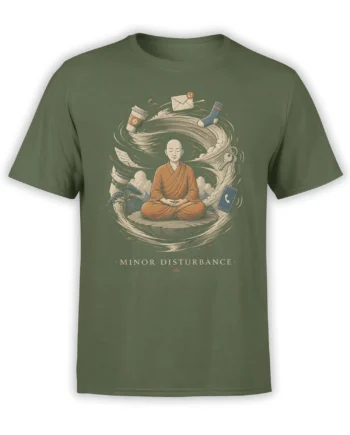 Green T-shirt with a meditating figure, swirling coffee, keys, phone, sock, and “Minor Disturbance” text