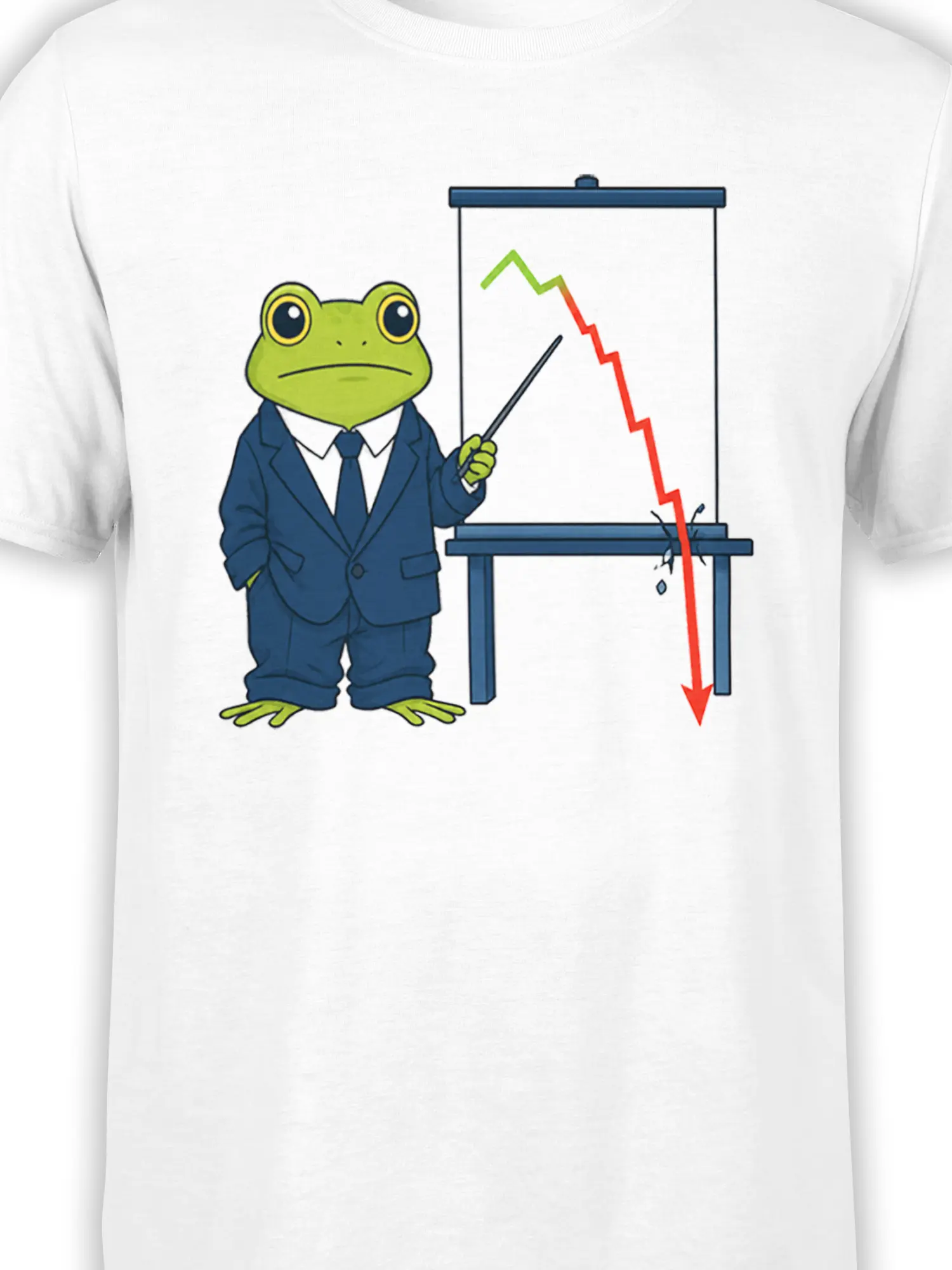 Close-up of a suited green frog, presentation board, declining chart, and Q3 Review text on white fabric