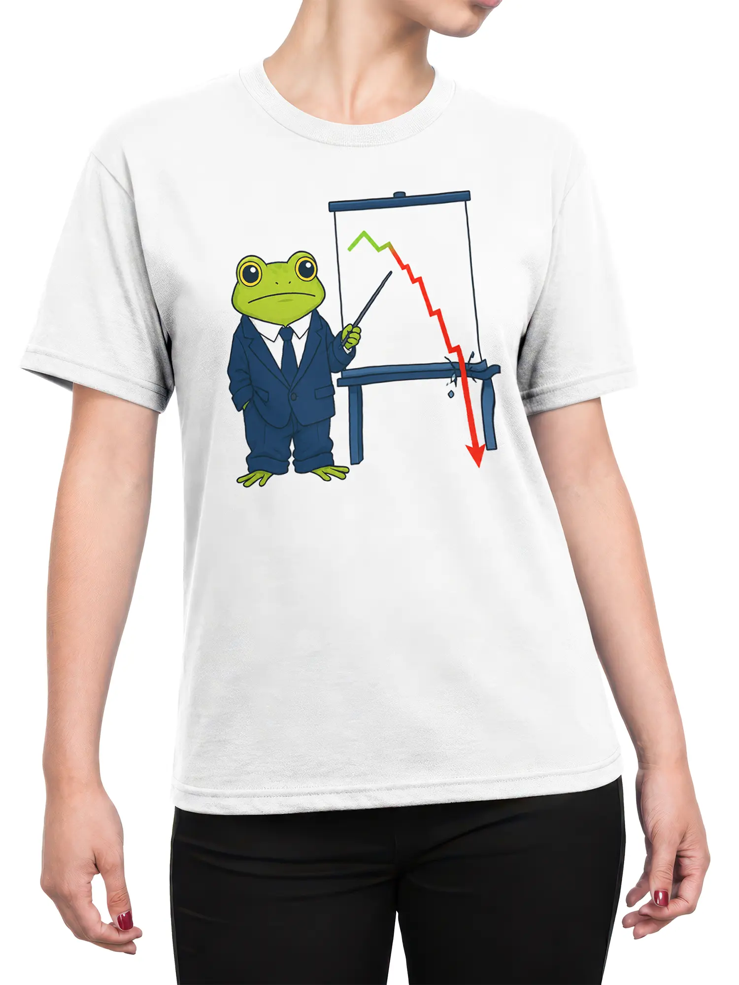 Female torso wearing a white T-shirt with a suited frog presenting a declining Q3 Review chart