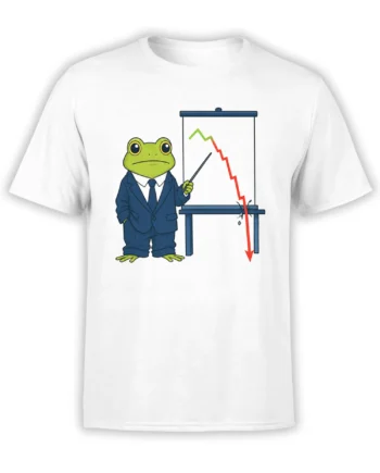 White T-shirt with a suited green frog presenting a falling chart and Q3 Review text