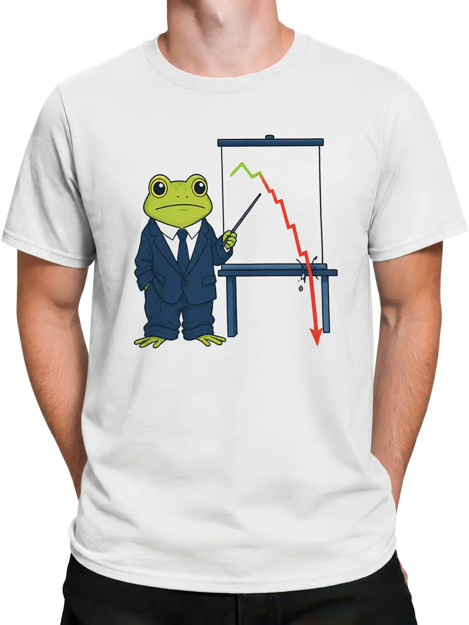 Male torso wearing a white frog business T-shirt with a declining chart and Q3 Review design