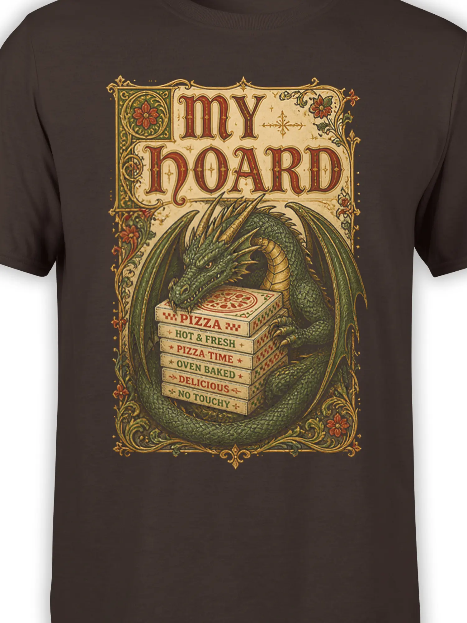 Close-up of the green dragon, pizza boxes, and vintage lettering on a dark brown graphic T-shirt