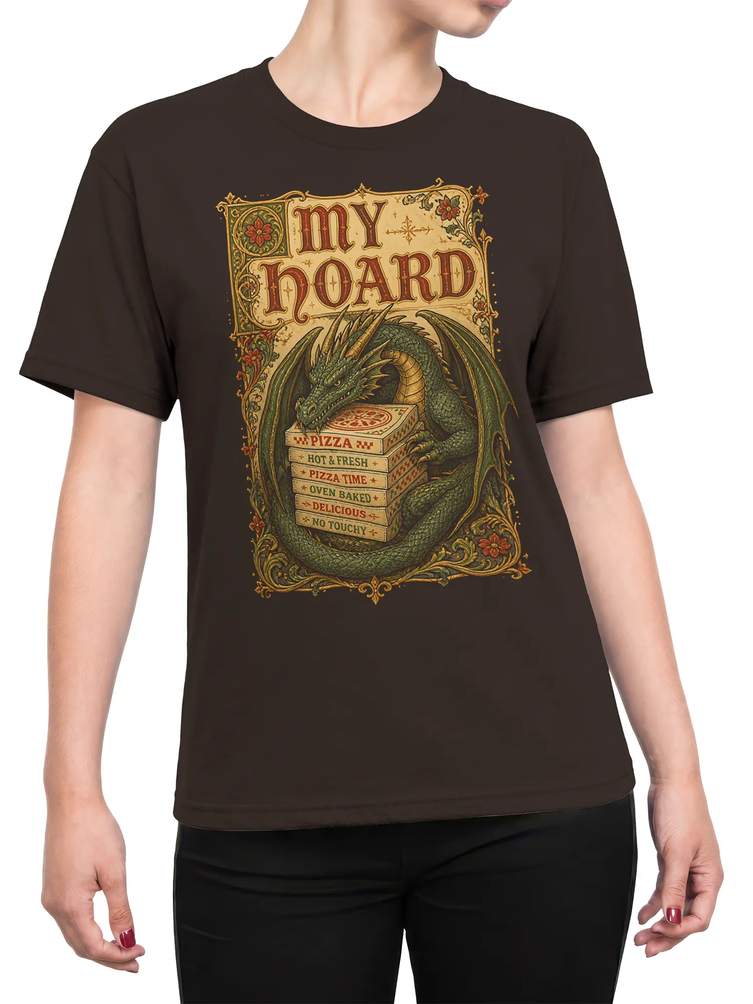 Female torso wearing a dark brown dragon T-shirt with a vintage pizza hoard graphic and ornate lettering