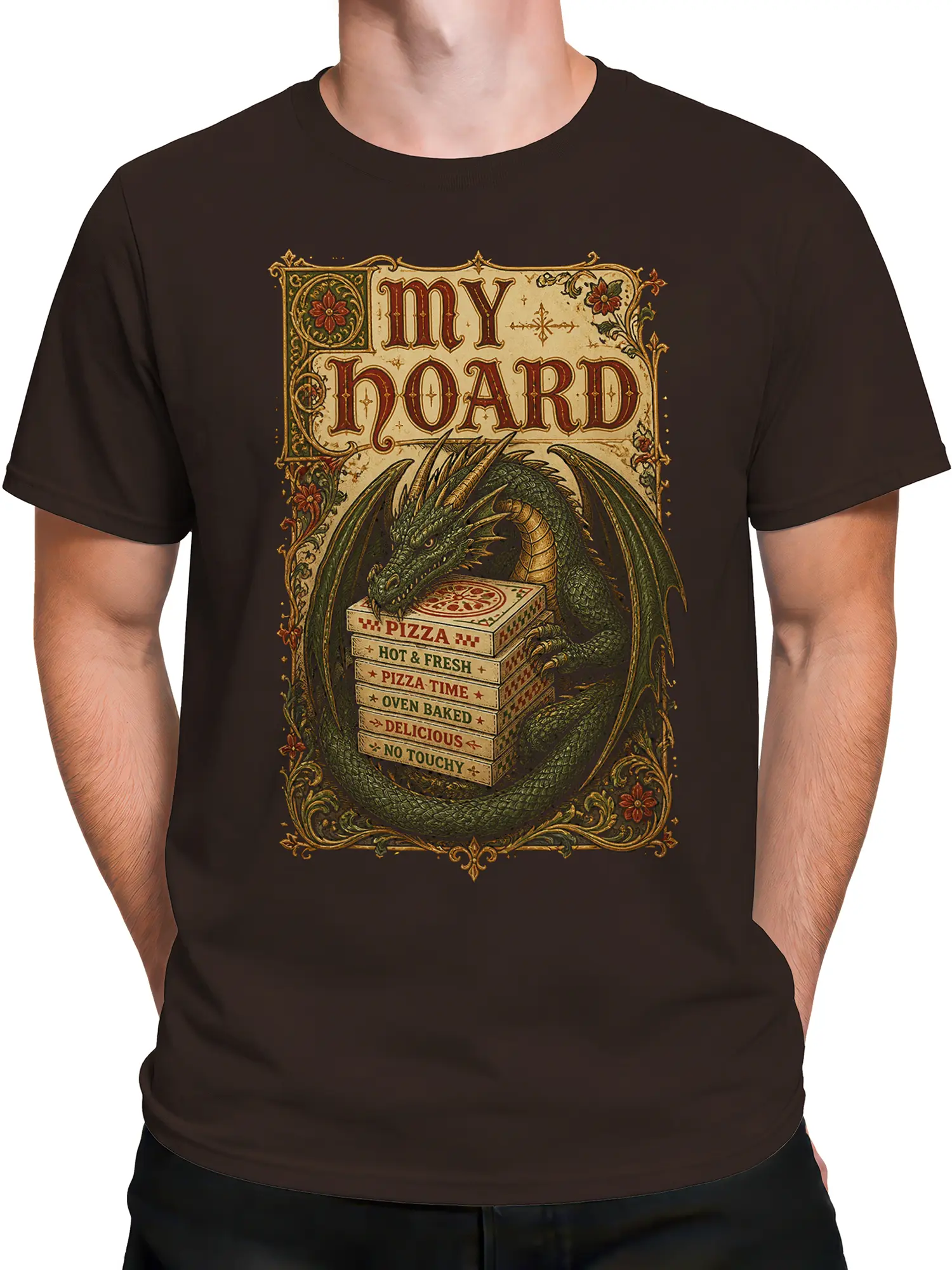Male torso wearing a dark brown dragon T-shirt with a vintage pizza box hoard design