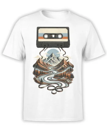 White T-shirt with a retro cassette tape transforming into a winding mountain landscape