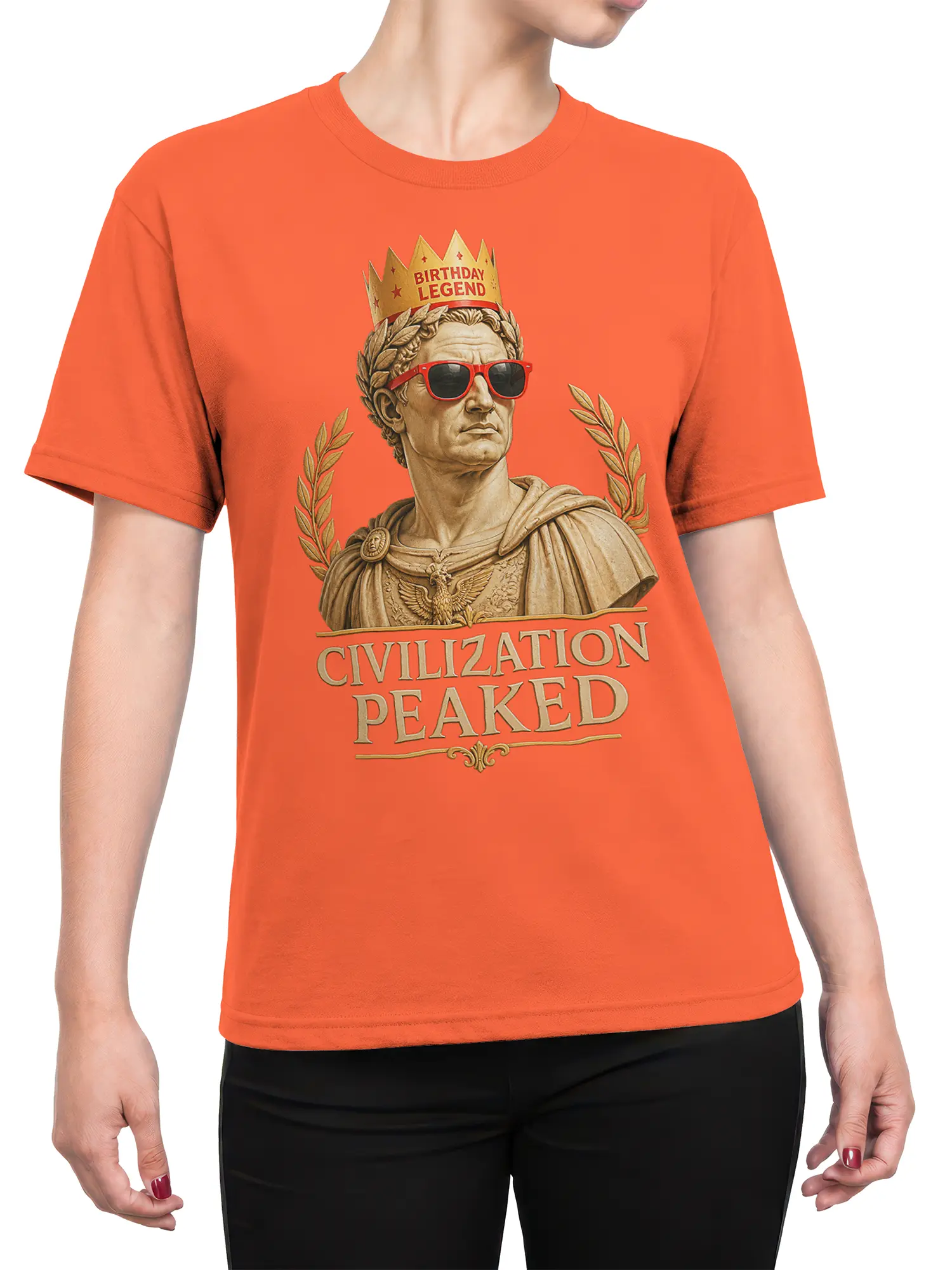 Female torso wearing an orange Roman birthday T-shirt with crowned bust and civilization peaked graphic