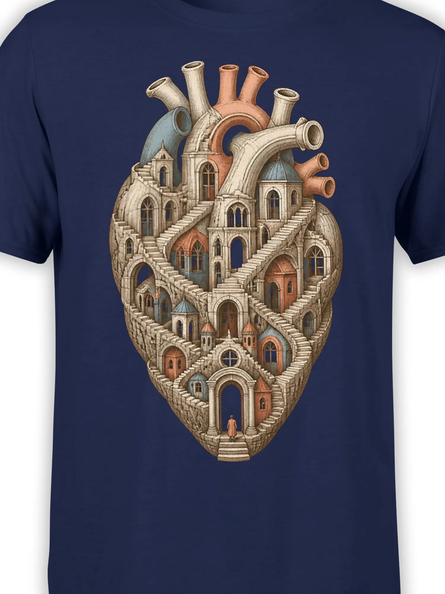 Close-up of the heart-shaped fantasy city design on a navy T-shirt with tiny doors, windows, and staircases