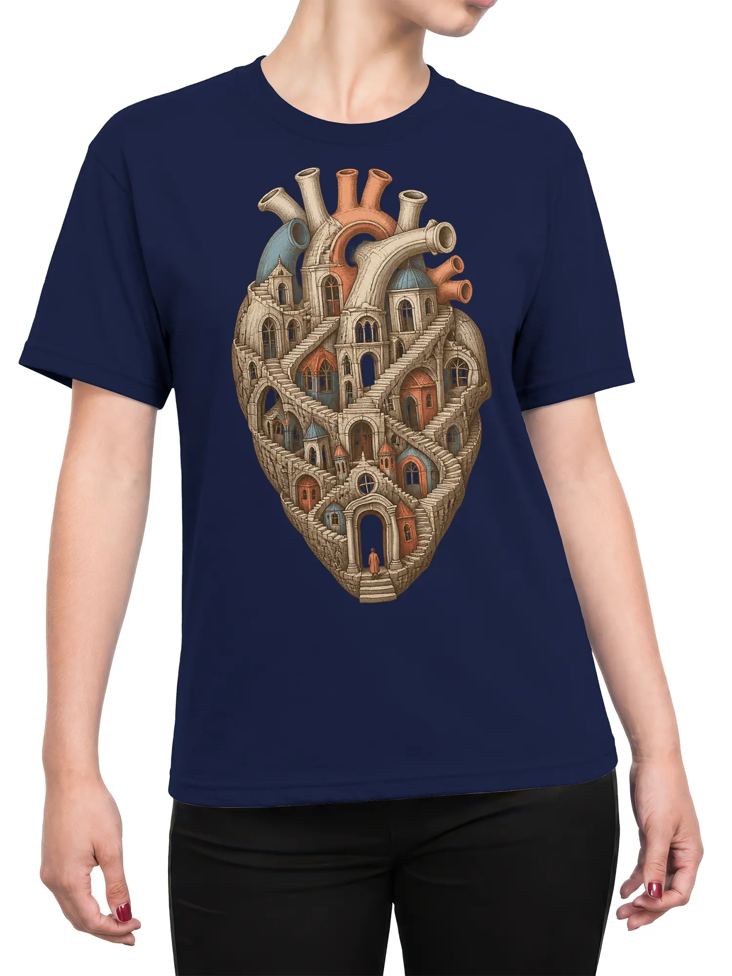 Female torso wearing a navy T-shirt with a surreal heart-shaped city and gothic architecture design