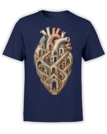 Surreal anatomical heart city graphic on a navy fantasy T-shirt with towers, arches, and winding stairs