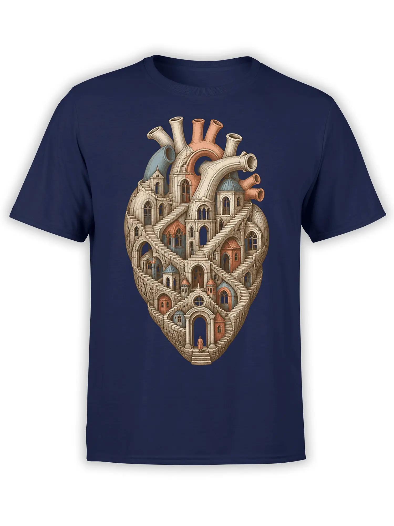 Surreal anatomical heart city graphic on a navy fantasy T-shirt with towers, arches, and winding stairs