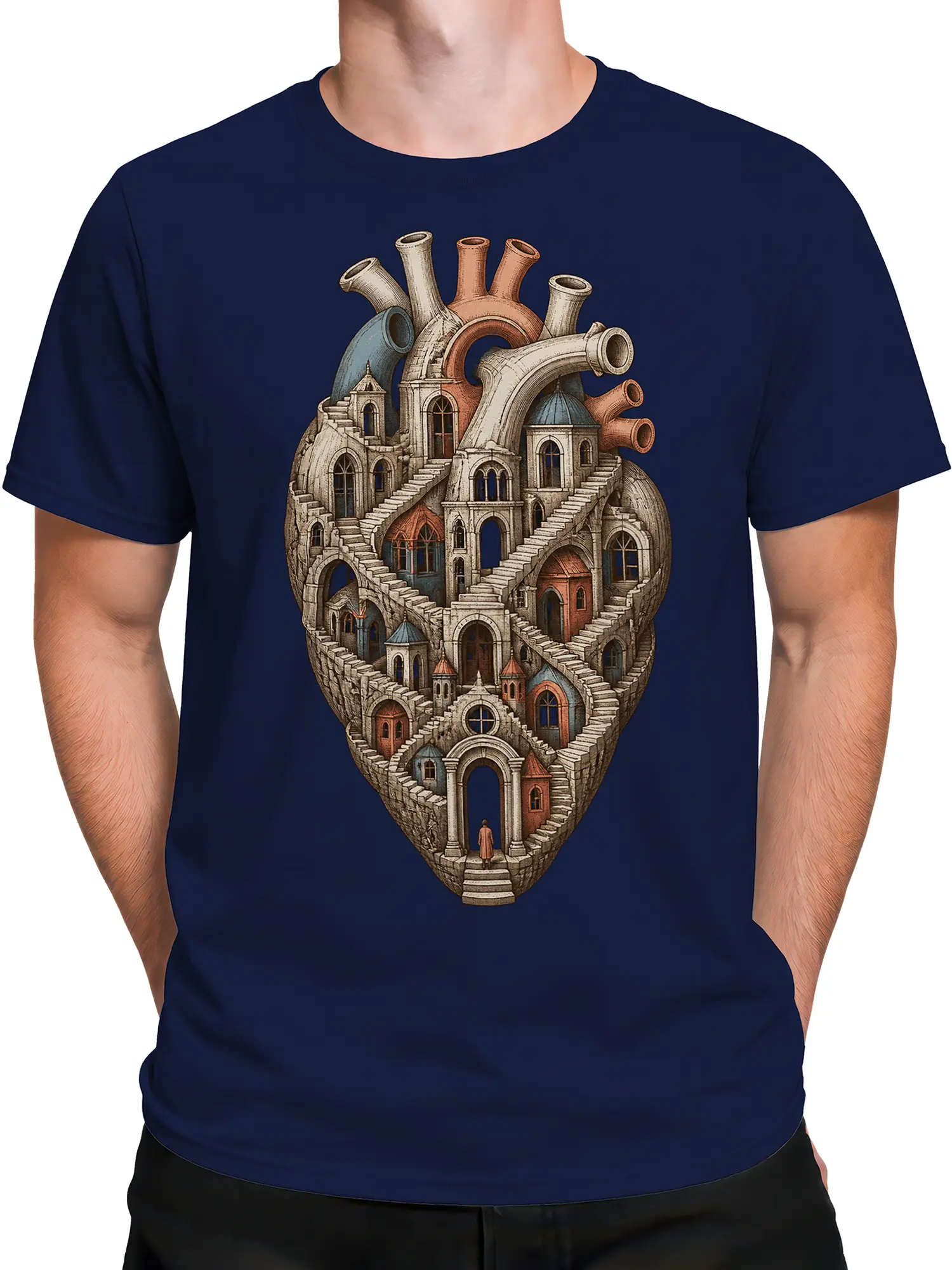 Male torso wearing a navy T-shirt with a detailed surreal heart labyrinth city graphic