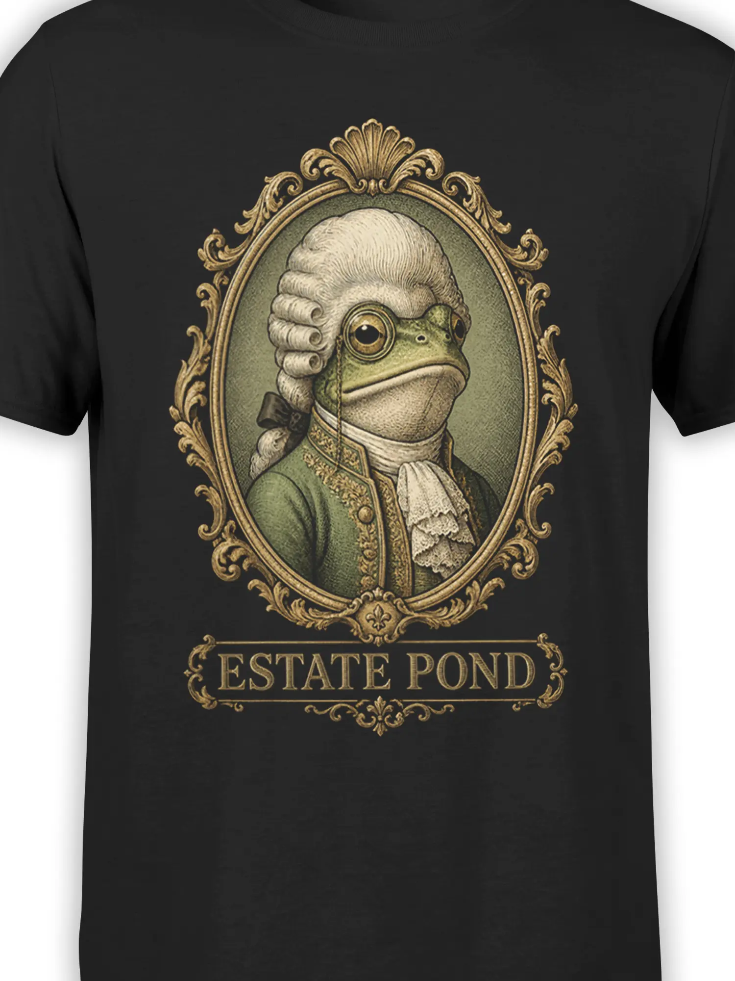 Close-up of the green frog portrait, powdered wig, formal coat, ornate gold frame, and Estate Pond design on a black shirt