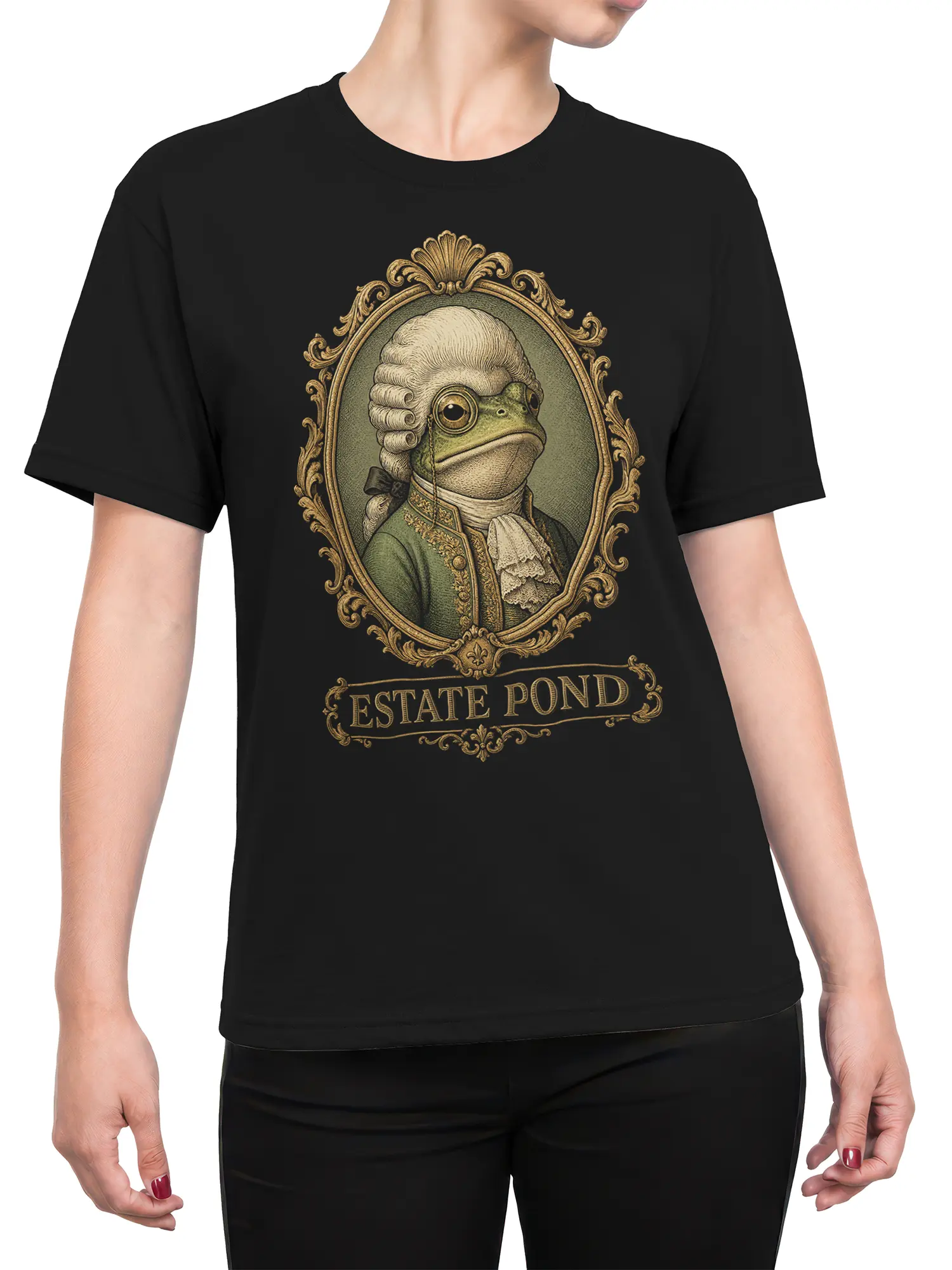Female torso wearing a black T-shirt with an ornate aristocratic frog portrait and Estate Pond lettering