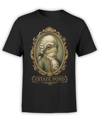 Black T-shirt with an aristocratic green frog in a powdered wig and ornate frame above “ESTATE POND”