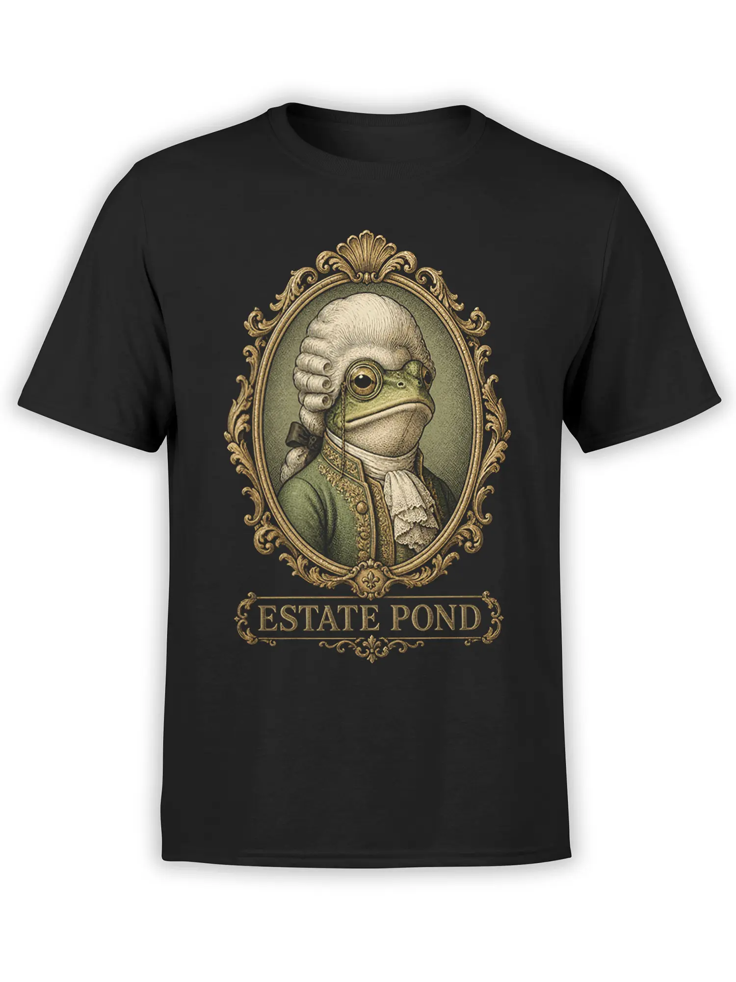 Black T-shirt with an aristocratic green frog in a powdered wig and ornate frame above “ESTATE POND”
